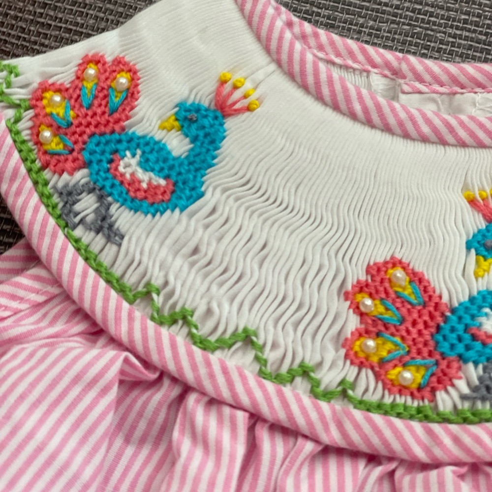 Smocked bubble peacock pink and white stripe